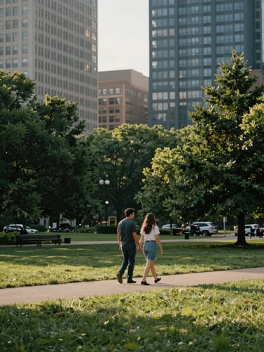 A couple walking hand-in-hand through a North American / US urban park in the afternoon. The composition is wide, showing the green environment and blue-grey architecture. Soft, warm sun, authentic vibe.