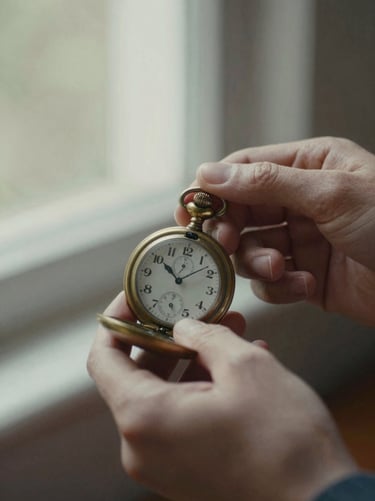 Close-up of hands holding a weathered brass pocket watch, warm natural light, soft focus.