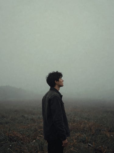 A solitary figure in a quiet misty landscape, muted desaturated tones, cinematic film photography.