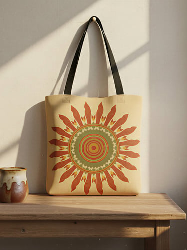 Canvas tote bag with a retro orange sunburst design.