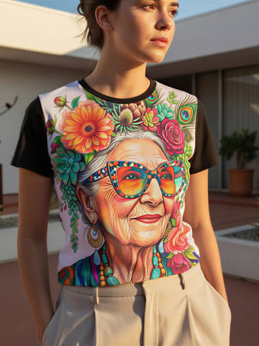 Woman wearing a vintage floral-patterned t-shirt.