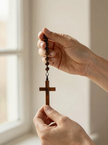 Close-up of hands holding a dark wooden rosary under soft morning window light, warm editorial photography, 35mm