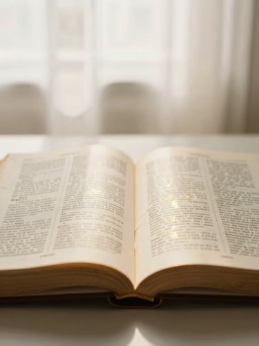 Open pages of an old Bible under soft morning light, textures of worn paper and gold leaf, 35mm