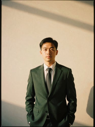 Portrait of a male executive in modern business attire, clean background, warm professional lighting, 35mm film aesthetic