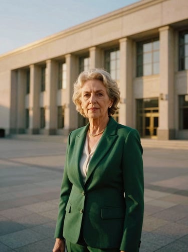 Portrait of a senior female executive, elegant professional attire, warm golden-hour lighting, confident expression, 35mm film aesthetic