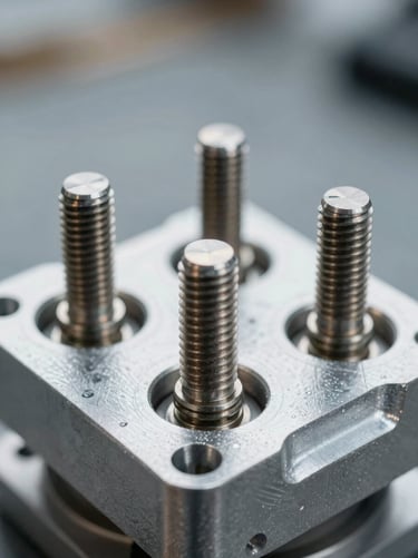 Macro technical shot of heavy-duty metal threads on a die-cast aluminum explosion-proof fixture, cool crisp daylight