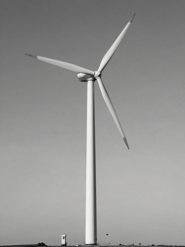 Wide-angle documentary photograph of a wind turbine base at ground level, grayscale, overcast sky, technical infrastructure visible, no people, precise framing