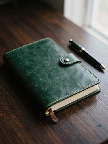 Close-up of hand-bound leather journal on a dark oak desk, ink pen resting beside it, soft directional lighting, moody editorial, 35mm film