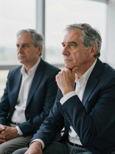 Quiet, natural-light portrait of a senior male partner in deep thought, soft overcast daylight, muted corporate tones, 50mm lens.