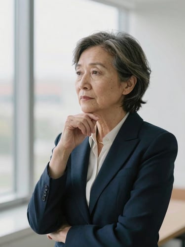 Quiet, natural-light portrait of a senior female partner in deep thought, soft overcast daylight, muted corporate tones, 50mm lens.