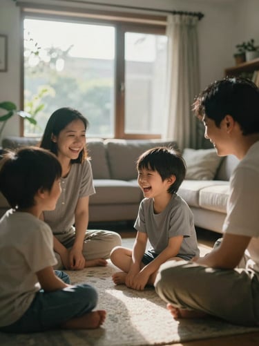 Cinematic shot of a family playing on a living room floor, soft morning window light, a child laughing candidly, authentic and warm interaction.