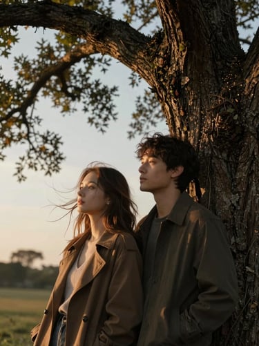 Cinematic medium shot of a couple leaning against each other under a warm oak tree, soft golden hour light, gentle wind in her hair, unposed intimacy.
