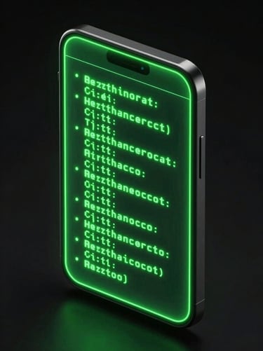 Isometric 3D render of glowing mobile screen displaying terminal code, neon green emissive glow, high-contrast tech aesthetic, octane render
