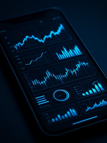 High-fidelity Android mockup displaying a complex financial dashboard with sharp neon blue charts and dense technical UI elements