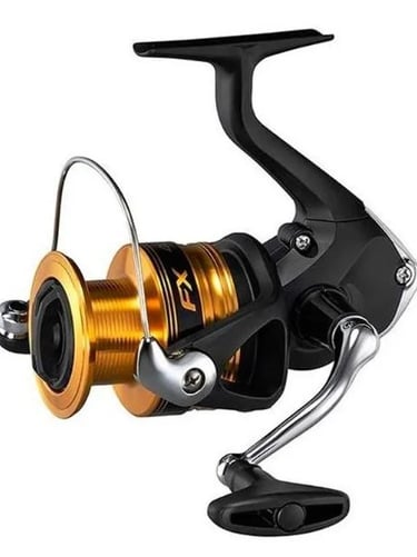 molinete fx shimano bom pesca tambaqui de cor preto e dourado posição invertida.
