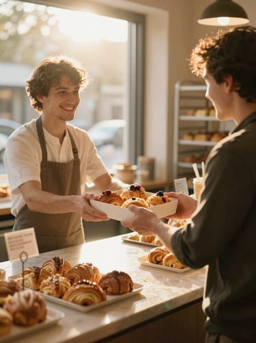 A sunlit bakery counter with a smiling customer receiving a warm box of pastries from a baker, golden-hour light, 35mm
