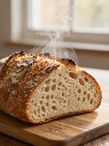 Close-up of steam rising from a freshly sliced loaf of slow-fermented artisan sourdough on a wooden board, shallow depth of field