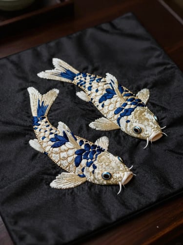 A still-life photograph of a koi fish motif embroidered onto a charcoal black fabric panel. The embroidery uses shimmering ivory threads and deep indigo accents, photographed with dramatic low-key lighting in a East Asian / South Asian influenced for a global luxury audience setting.