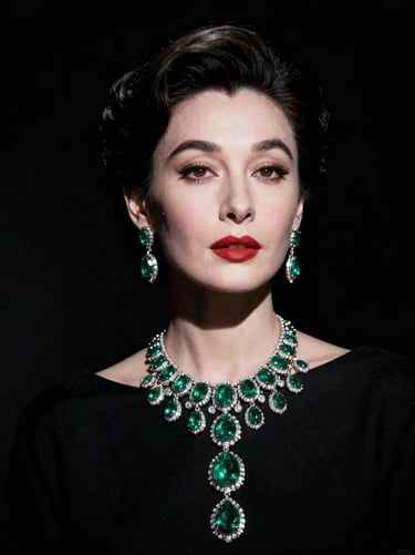 Dramatic high-contrast portrait of a legendary cinematic actress, emerald jewelry, spotlighting, dark background, cinematic 35mm