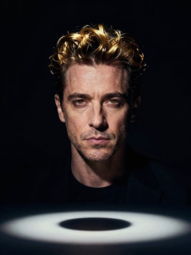 Dramatic studio portrait of a world-renowned classical-pop crossover tenor, spotlighting, gold accents, dark background, cinematic 35mm