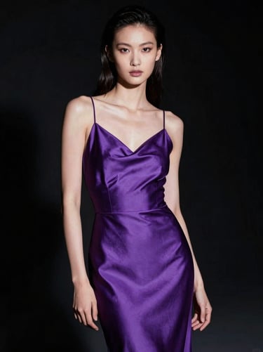High-fashion editorial portrait of a premier global supermodel, amethyst silk gown, dramatic flash lighting, dark background, cinematic 35mm