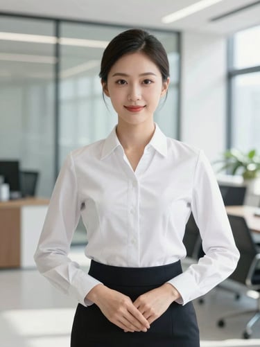Professional portrait of a female hospitality operations director, bright corporate office setting, sharp focus