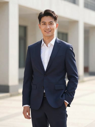 Professional studio portrait of an executive director in a navy suit, warm natural lighting, corporate editorial style
