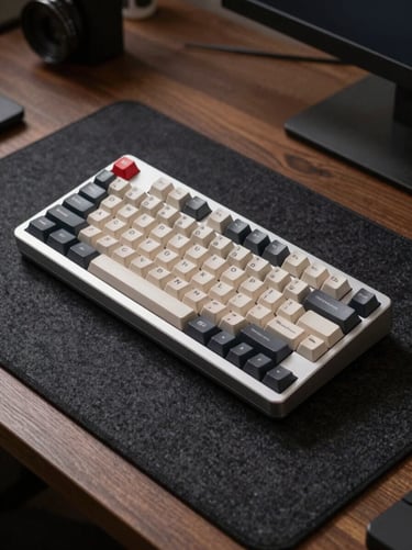 Macro shot of a high-end custom mechanical keyboard with anodized aluminum housing resting on a dark felt desk mat, soft diffused studio light from the side, clean workspace environment.