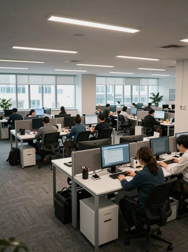 Wide-angle view of an open office floor, rows of staffed workstations under cool fluorescent and natural window light, workers at keyboards in an uncluttered environment, overhead perspective suggesting operational scale