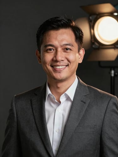 Professional portrait of a friendly Indonesian male sales consultant in his 30s, warm smile, wearing a neat business suit, soft studio lighting with a dark professional background.
