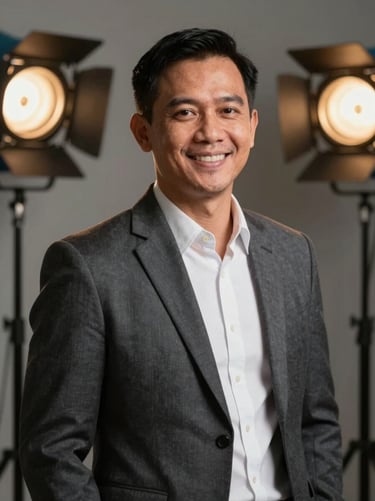Professional, warm portrait of an Indonesian male sales consultant in a smart casual blazer, smiling, soft studio lighting background.