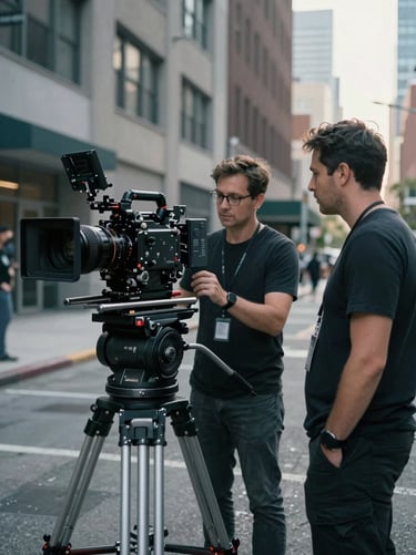 A professional behind-the-scenes photograph on a North American urban film set. A director and cinematographer are discussing a shot beside a large camera rig. Soft afternoon sunlight, cinematic depth of field, and industrial gray-blue color palette.