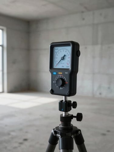 Close-up of a sound level meter and measurement microphone on a tripod stand inside an empty concrete room under construction—cool diffuse natural light, technical equipment in sharp focus, bare walls visible in background