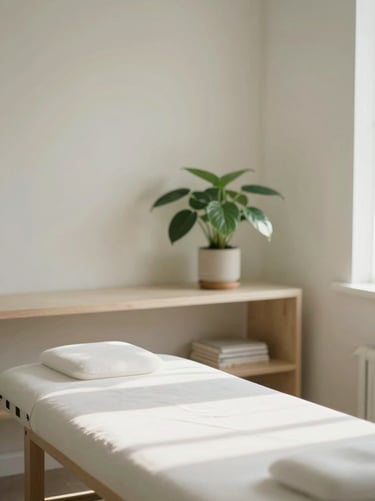 A peaceful, clean therapy office interior with a soft green plant on a shelf, diffused morning sun, shallow depth of field, 35mm