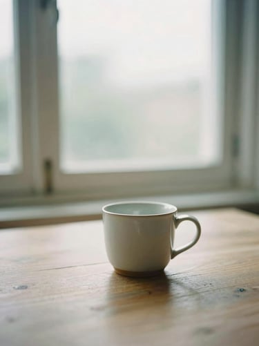 Soft overcast daylight filtering through a window onto a wooden table with a small ceramic mug, shallow depth of field, 35mm