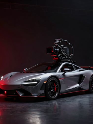 Sleek automotive brand campaign shoot, high-end camera rig tracking a sports car under dramatic studio lighting, neon red accents.