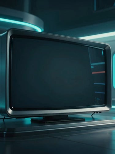Widescreen 21:9 anamorphic still of a futuristic television commercial set, sleek metallic structures, high-contrast neon cyan lighting, haze in the air.