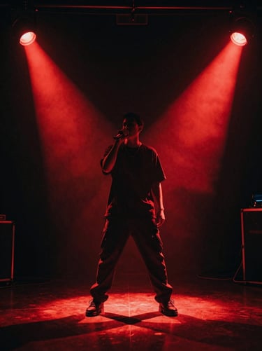 Low-angle heroic 35mm shot of a music video production, a lead artist performing under dramatic red spotlights, heavy shadows.
