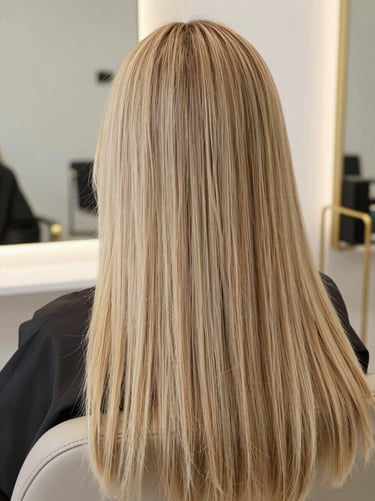 Detailed shot of high-quality hair extension application, showcasing seamless integration and natural texture, soft studio lighting