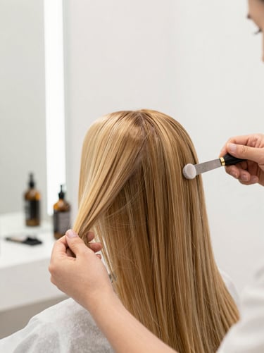 Minimalist close-up of premium hair coloring process, professional stylist applying rich gold-toned dye with focus, bright natural light