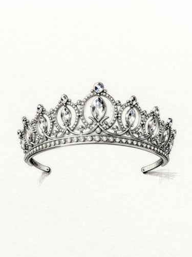 A detailed hand-drawn jewelry sketch with graphite and gouache on textured archival vellum paper, showing a complex tiara design, soft natural shadows