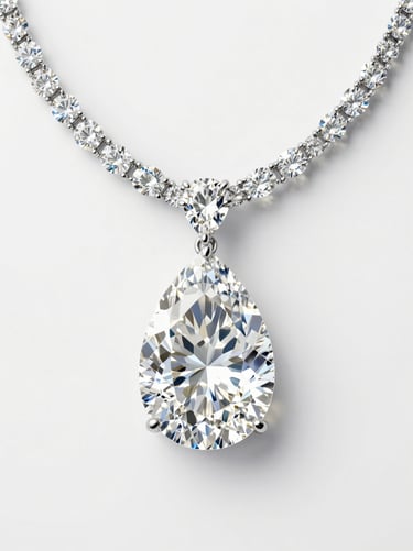 A hyper-realistic gemstone render of a 104-carat pear-cut diamond necklace, soft diffused studio light, minimalist white backdrop, crisp macro details, 85mm lens