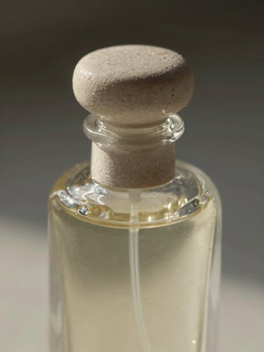 Extreme close-up of a slender glass perfume bottle, raking light from upper left revealing the dimensional quality of the stopper and neck, pale stone surface, sharp focus, no warmth