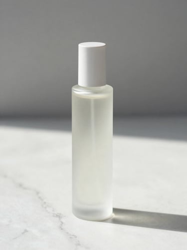 Tall slender perfume bottle with frosted glass, placed on a bare white marble surface in clean north-facing daylight, soft shadow trailing right, stopper in place, nothing else in frame