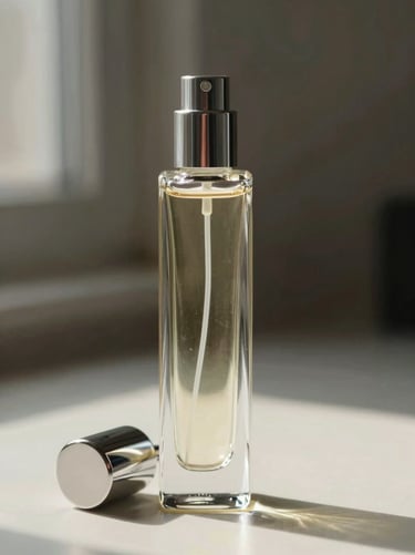 Extreme close-up of a tall narrow perfume bottle, clean north-facing indoor light, stopper resting beside the bottle on a bare desk surface, glass catching a fine highlight line, no warmth, no staging