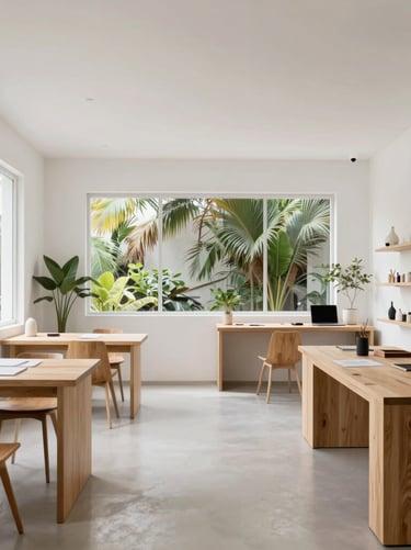 A wide shot of a bright, minimalist South American design studio. White walls, light wood furniture, and large windows with tropical plants visible outside. A calm and professional creative environment.