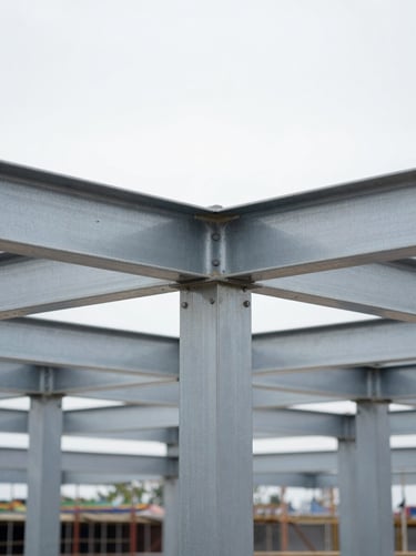 Close-up of structural steel joints on an active construction site, clean industrial perspective, soft morning daylight, 35mm.