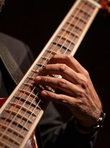 Extreme close-up of a sitar player's left hand pressing a string mid-performance, side-lit with warm amber studio strobe, fingerboard detail and string tension visible, dark background, no face shown