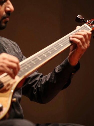 Detail photograph of a sarangi player's bow arm mid-stroke during performance, warm amber stage sidelight, bow hair against strings in sharp focus, musician's torso in soft background blur, intimate concert setting