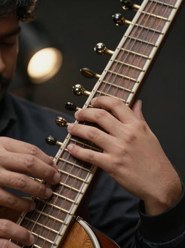 Extreme close-up of a student's left hand pressing sitar frets during instruction, teacher's hand visible at the edge of frame adjusting finger position, warm side-lighting from a single lamp source, dark background, the instrument's brass frets sharp in focus